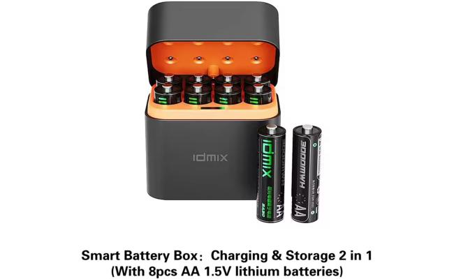 IDMIX Rechargeable Battery Set with 8pcs AA X8 1.5V lithium batteries Smart Battery Box Charging & Storage 2 in 1 1200+ cycles